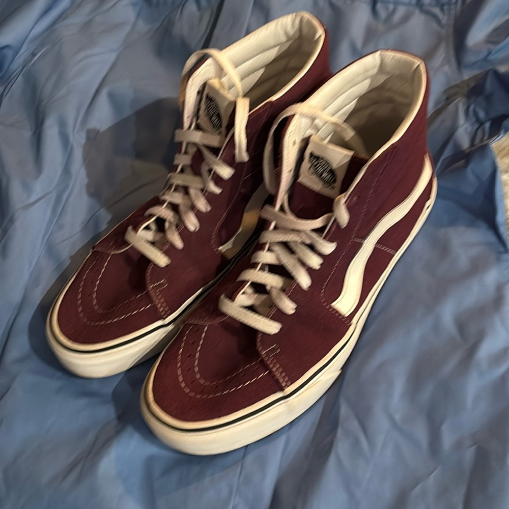 Maroon and White High-Top Vans Sneakers